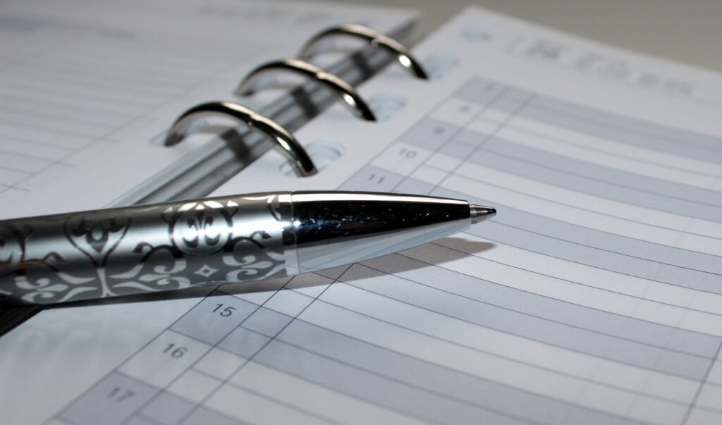 ballpoint pen, appointment calendar, writing tool